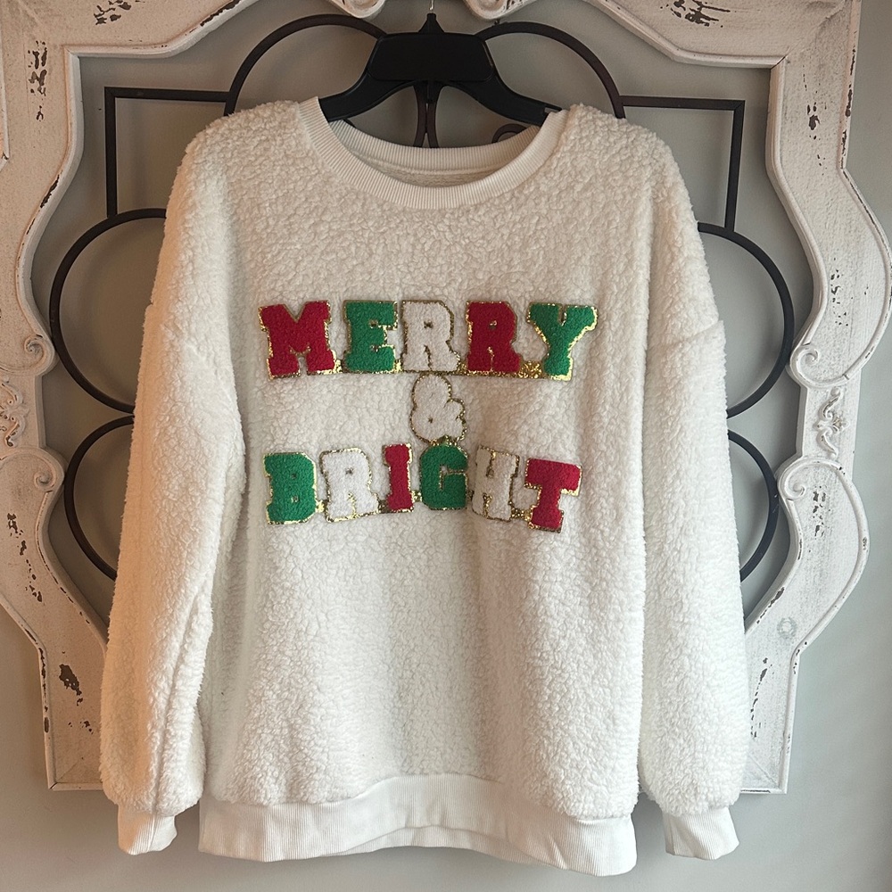 Festive White Sweater with Colorful Lettering